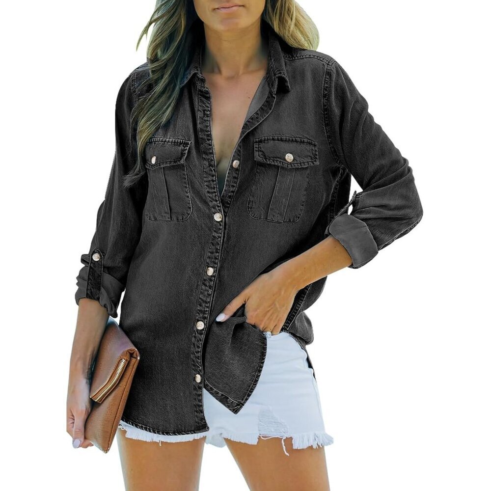 Women's Denim Shirt Long Sleeve Button Down Casual Top Xx-Large